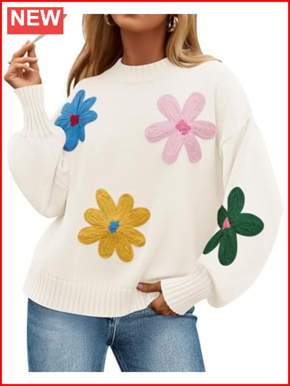 ZESICA Women's Floral Knit Pullover Sweater Crew Neck Long Sleeve